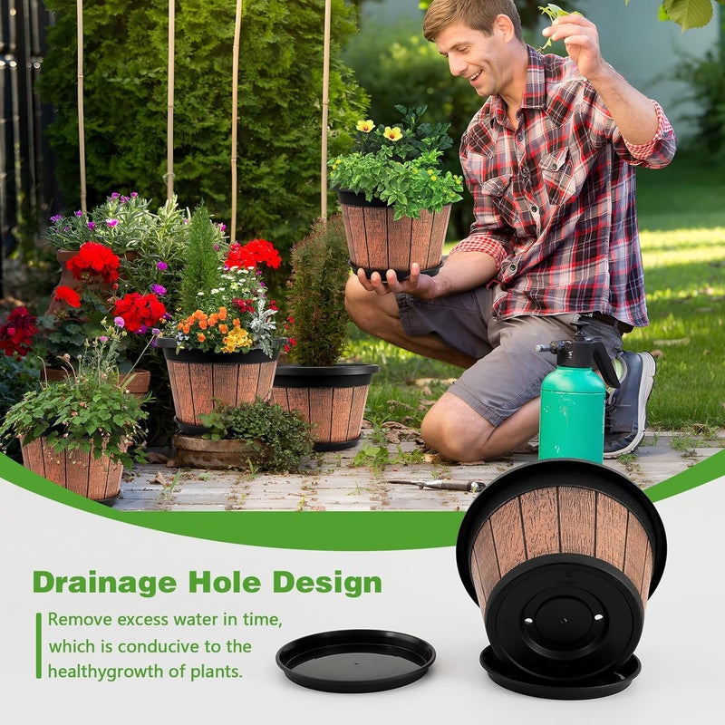 Quarut 4 Pack 10 inch Plant Pots,Upgrade Whiskey Barrel Planters with Drainage Holes & Saucer,Plastic Decoration Flower Pots Retro Design,Planters for Outdoor Indoor Garden Home Plants (Brown) - Image 3